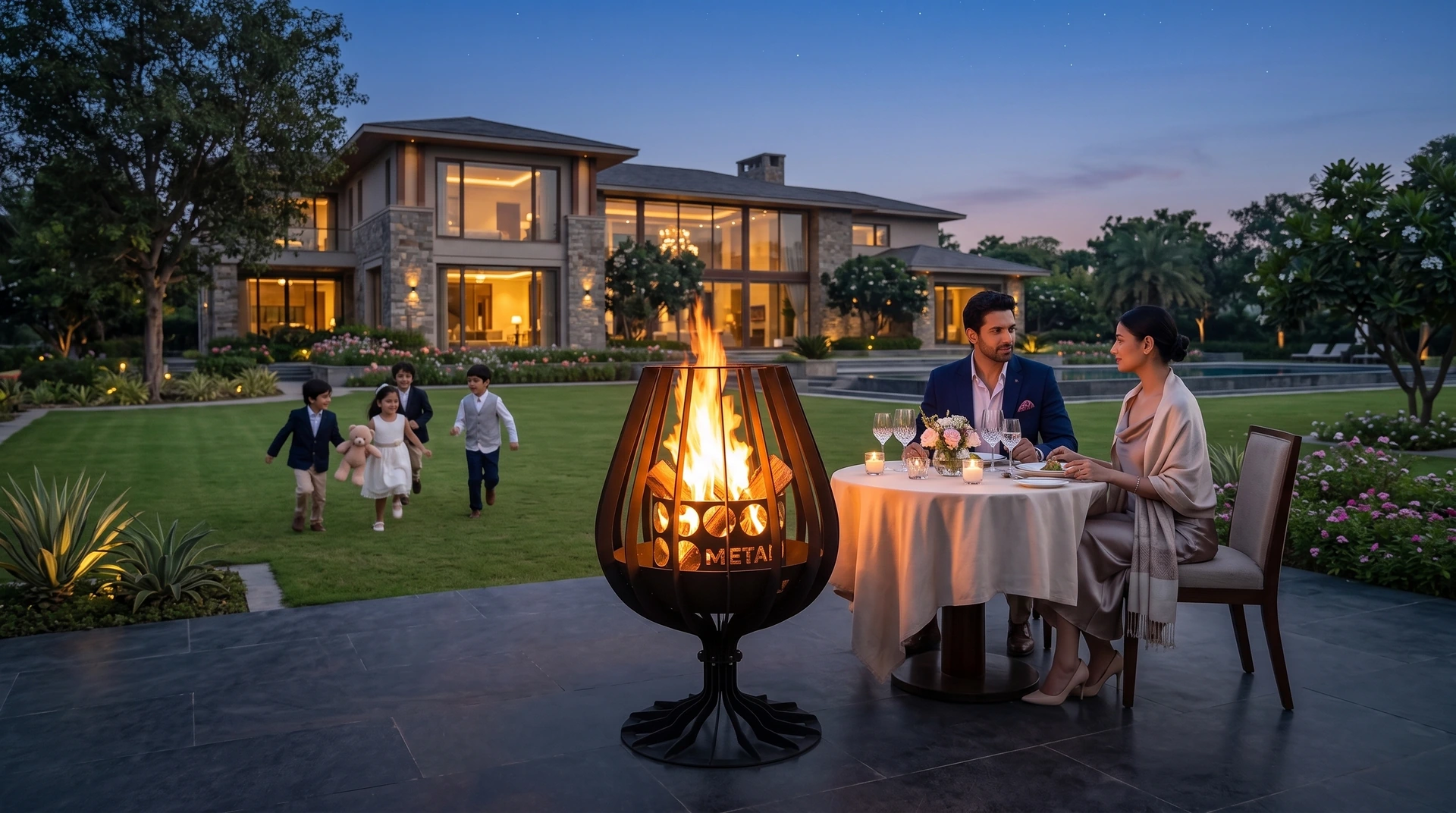 A couple dining beside a Metalit fire pit