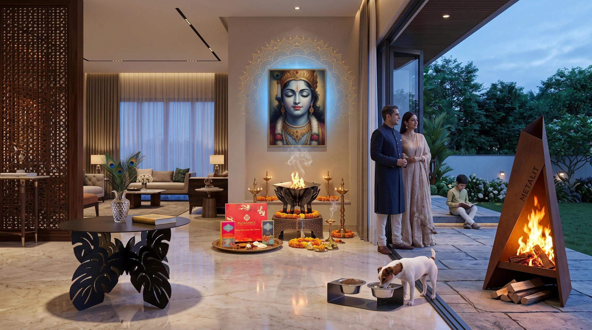Metalit fire pit, havan kund, home decor and pet living collection in a luxury home